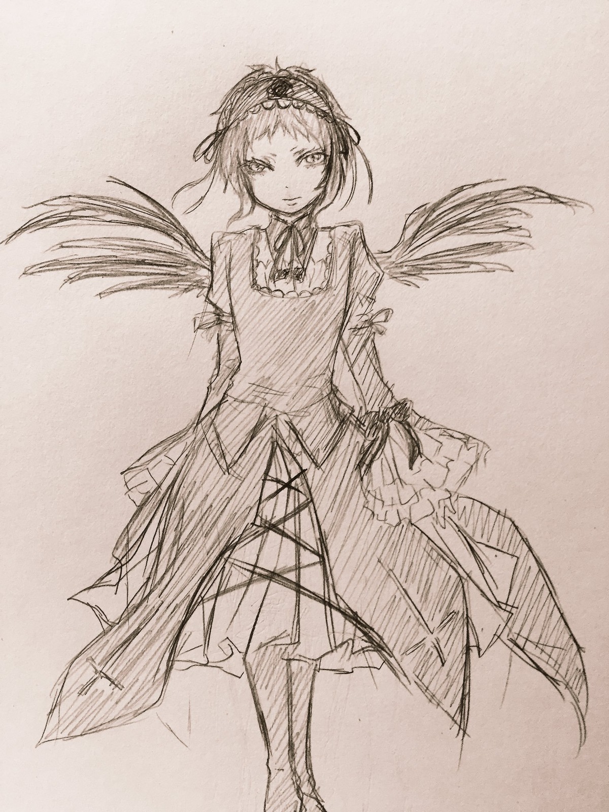 1girl blush closed_mouth dress frills hairband image long_sleeves looking_at_viewer monochrome sketch solo standing suigintou traditional_media wings