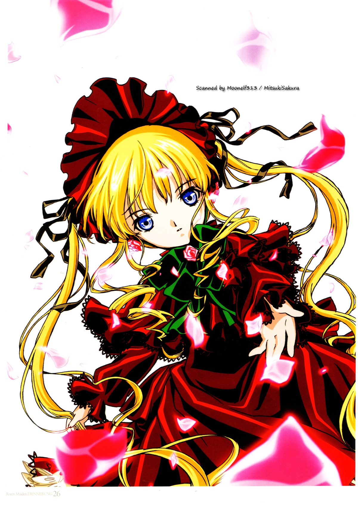 1girl blonde_hair blue_eyes bonnet bow bowtie dress flower green_bow image long_hair long_sleeves looking_at_viewer petals red_dress rose_petals shinku simple_background solo twintails white_background