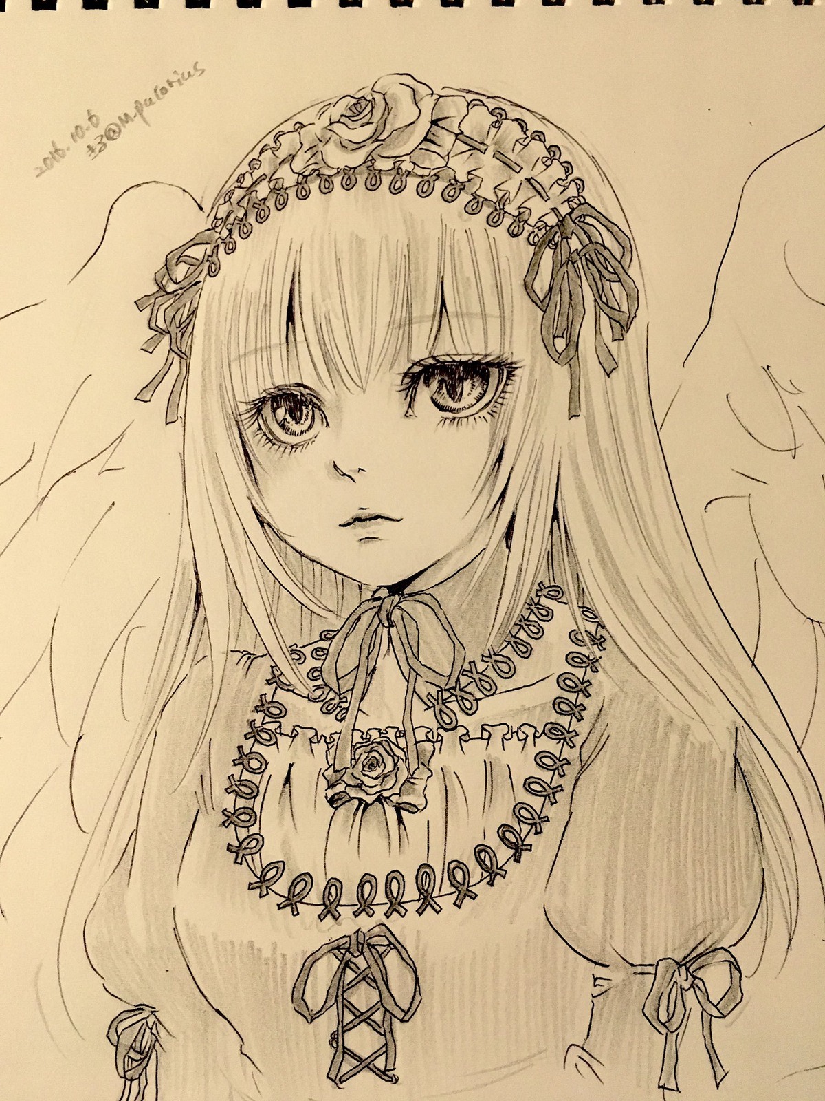 1girl closed_mouth dress flower hairband image juliet_sleeves lineart lolita_hairband long_hair long_sleeves looking_at_viewer monochrome puffy_sleeves ribbon rose sepia solo suigintou traditional_media upper_body