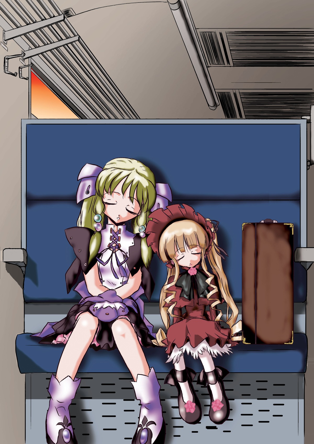 2girls blonde_hair bow closed_eyes dress hair_ribbon image long_hair multiple_girls ribbon shinku shoes sitting sleeping sleeping_upright solo very_long_hair