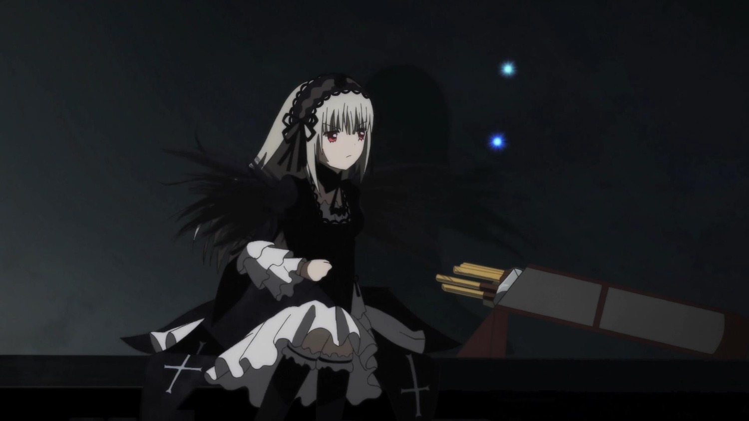 1girl black_dress black_ribbon dress frills hairband image long_hair long_sleeves red_eyes ribbon silver_hair sitting solo suigintou wings