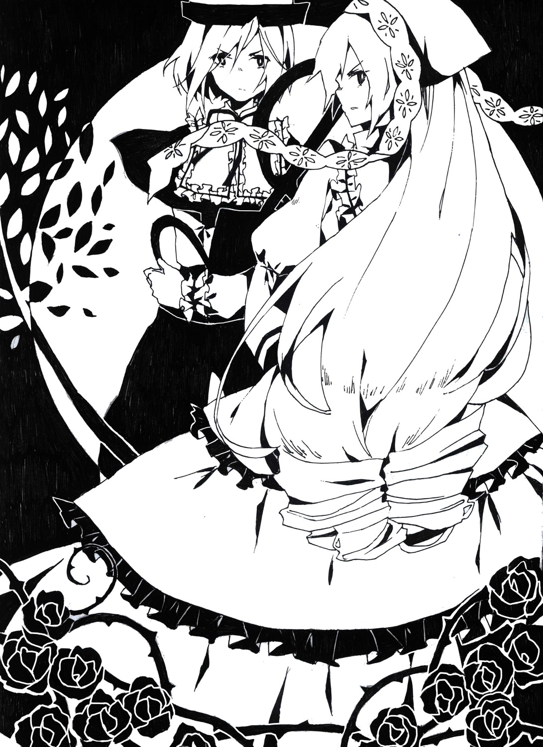 2girls capelet dress flower greyscale hat image long_hair monochrome multiple_girls pair petals rose short_hair souseiseki suiseiseki thorns veil