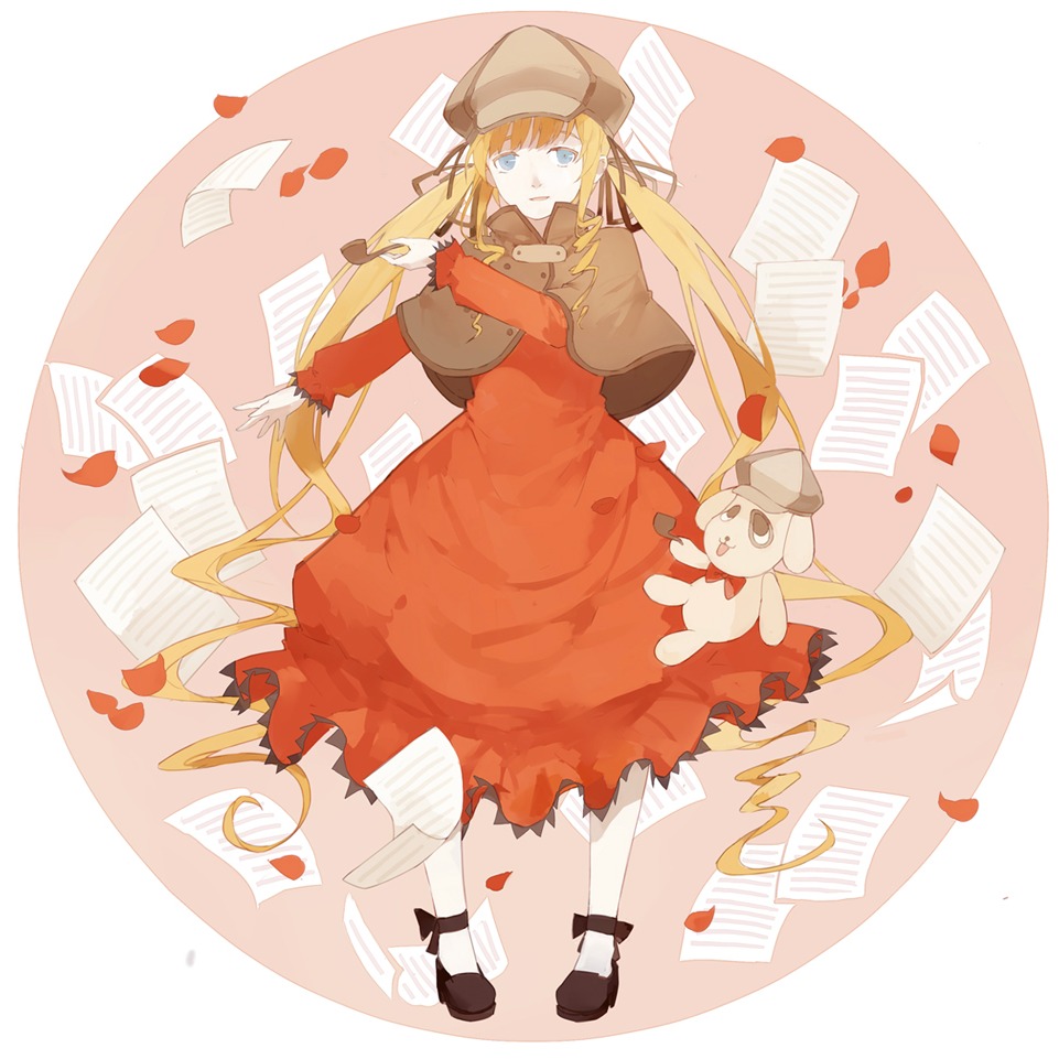 1girl blonde_hair blue_eyes book dress hat image letter long_hair pantyhose paper petals red_dress sheet_music shinku solo stuffed_animal twintails very_long_hair