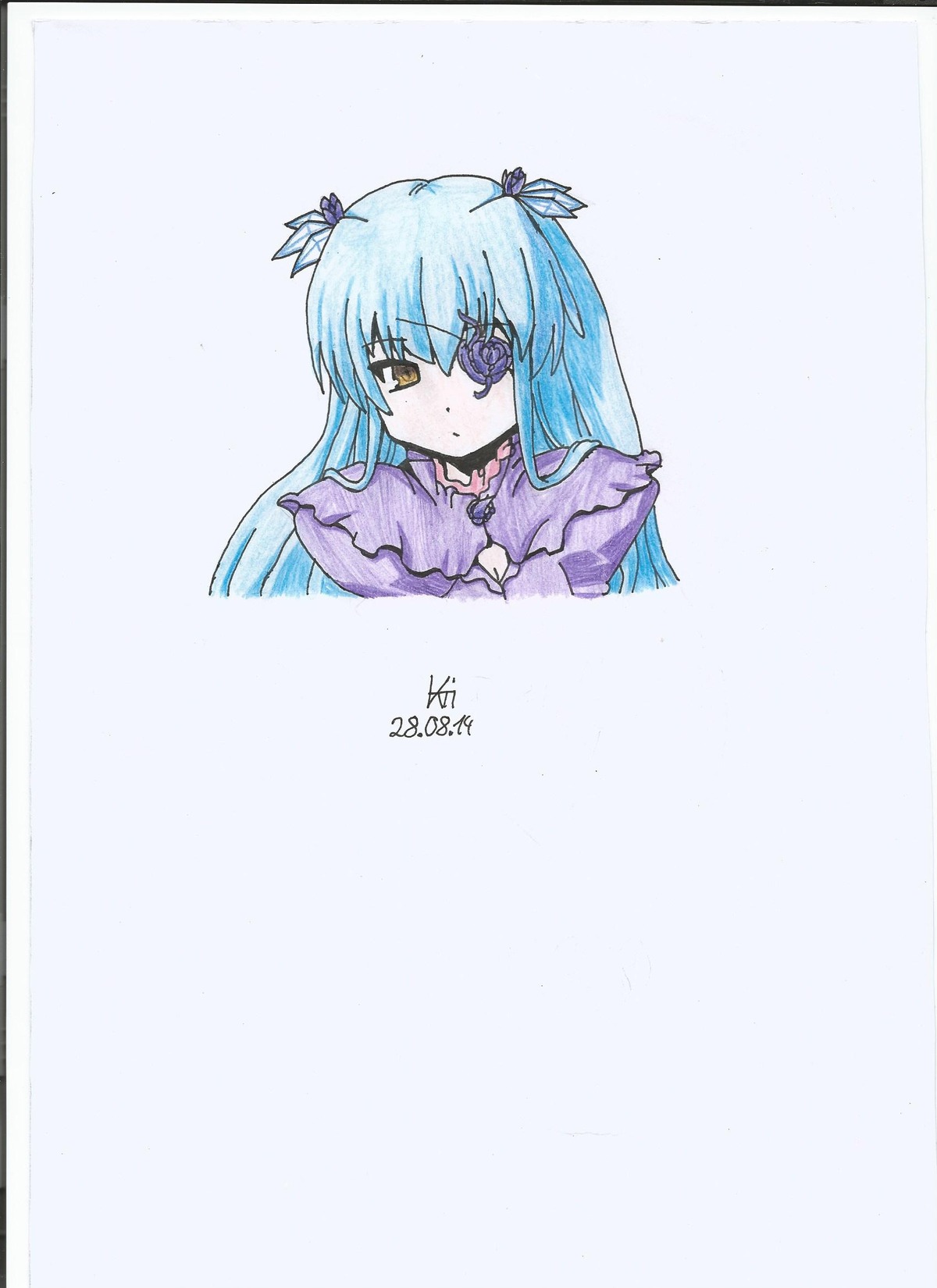 1girl bangs barasuishou blue_hair blush closed_mouth dated dress eyebrows_visible_through_hair frills image long_hair long_sleeves looking_at_viewer ribbon signature simple_background solo striped two_side_up upper_body