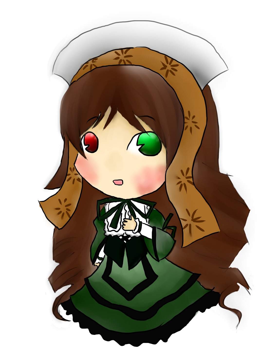 1girl blush brown_hair chibi dress green_dress green_eyes head_scarf heterochromia image long_hair long_sleeves open_mouth red_eyes simple_background solo suiseiseki very_long_hair white_background