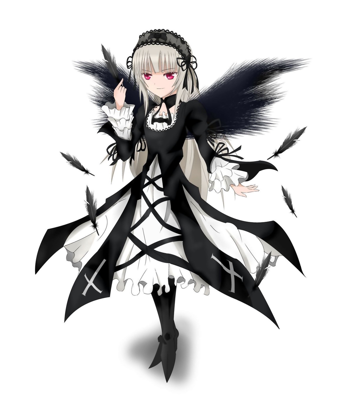 1girl black_feathers black_wings boots dress feathers frills full_body hairband image juliet_sleeves lolita_hairband long_hair long_sleeves looking_at_viewer pink_eyes ribbon rose silver_hair solo standing suigintou white_background wings