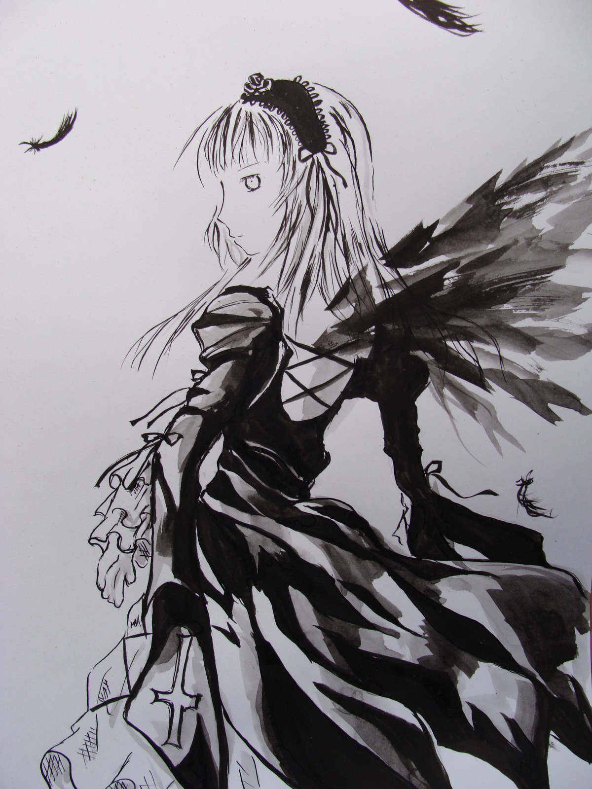 1girl closed_mouth dress feathers grey_background greyscale hairband image long_sleeves monochrome profile solo suigintou wings