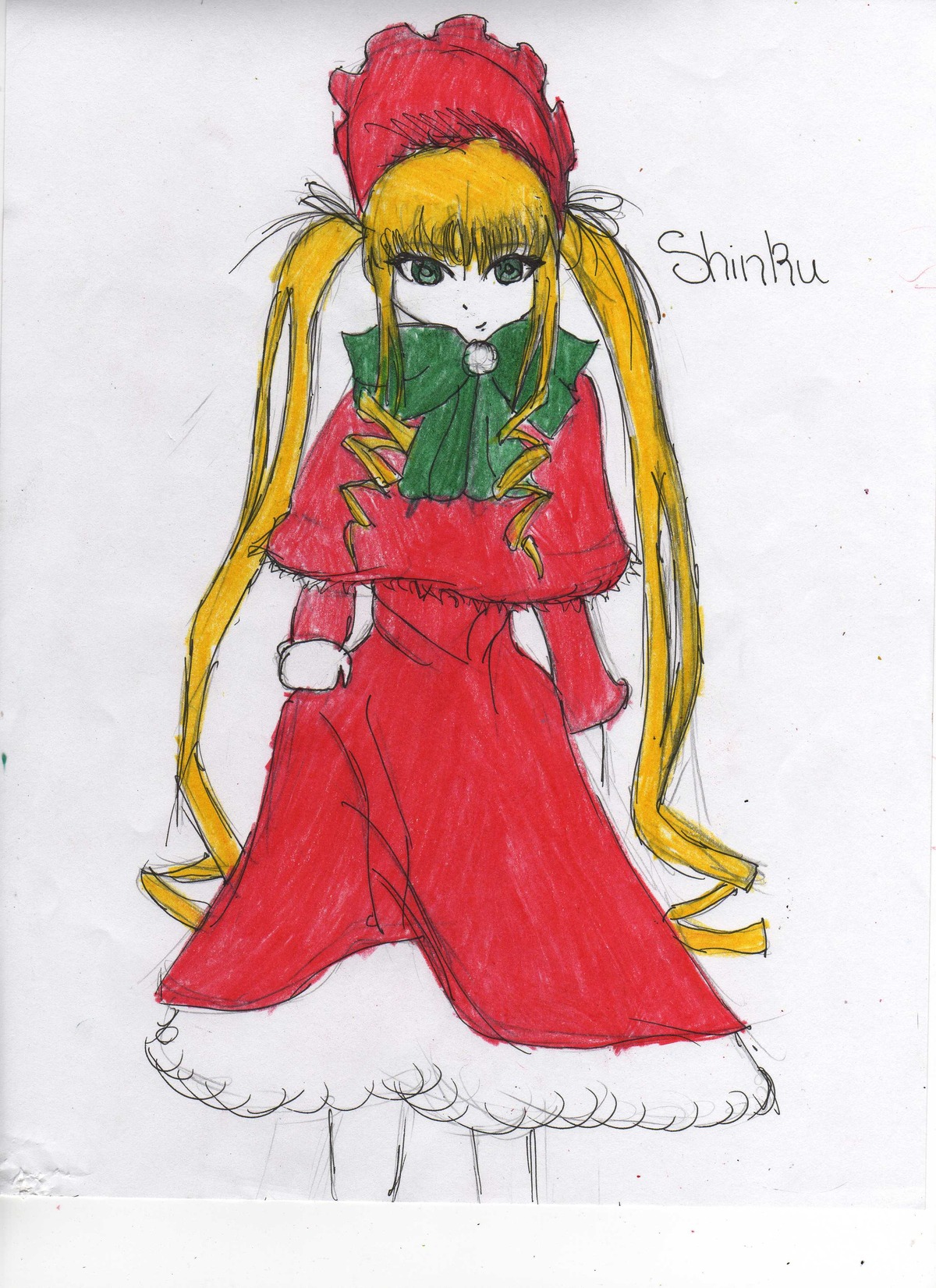 1girl blonde_hair blue_eyes bonnet bow bowtie capelet dress green_bow image long_hair long_sleeves looking_at_viewer photo red_capelet red_dress shinku sidelocks simple_background solo standing traditional_media twintails very_long_hair