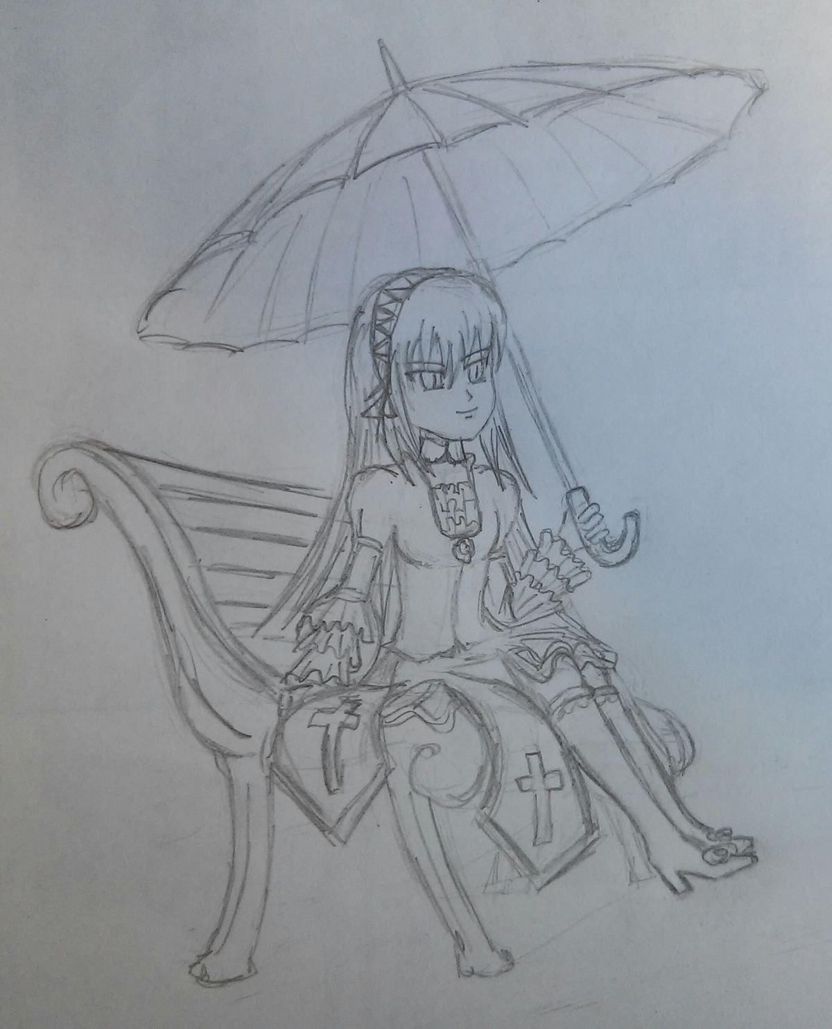 1girl full_body holding holding_umbrella image long_hair looking_at_viewer monochrome parasol pointy_ears rain sketch smile solo suigintou thighhighs traditional_media umbrella