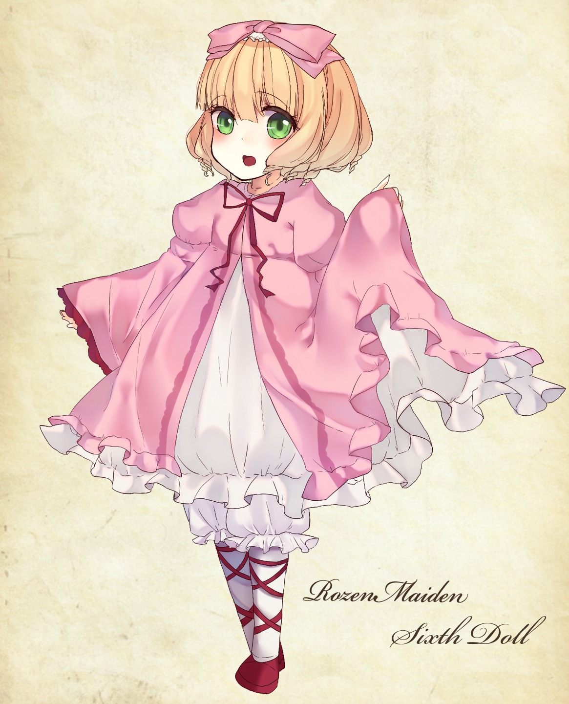 1girl blonde_hair bloomers bow character_name cross-laced_footwear dress frills full_body green_eyes hina_ichigo hinaichigo image long_sleeves open_mouth pink_bow pink_dress ribbon short_hair smile solo standing underwear