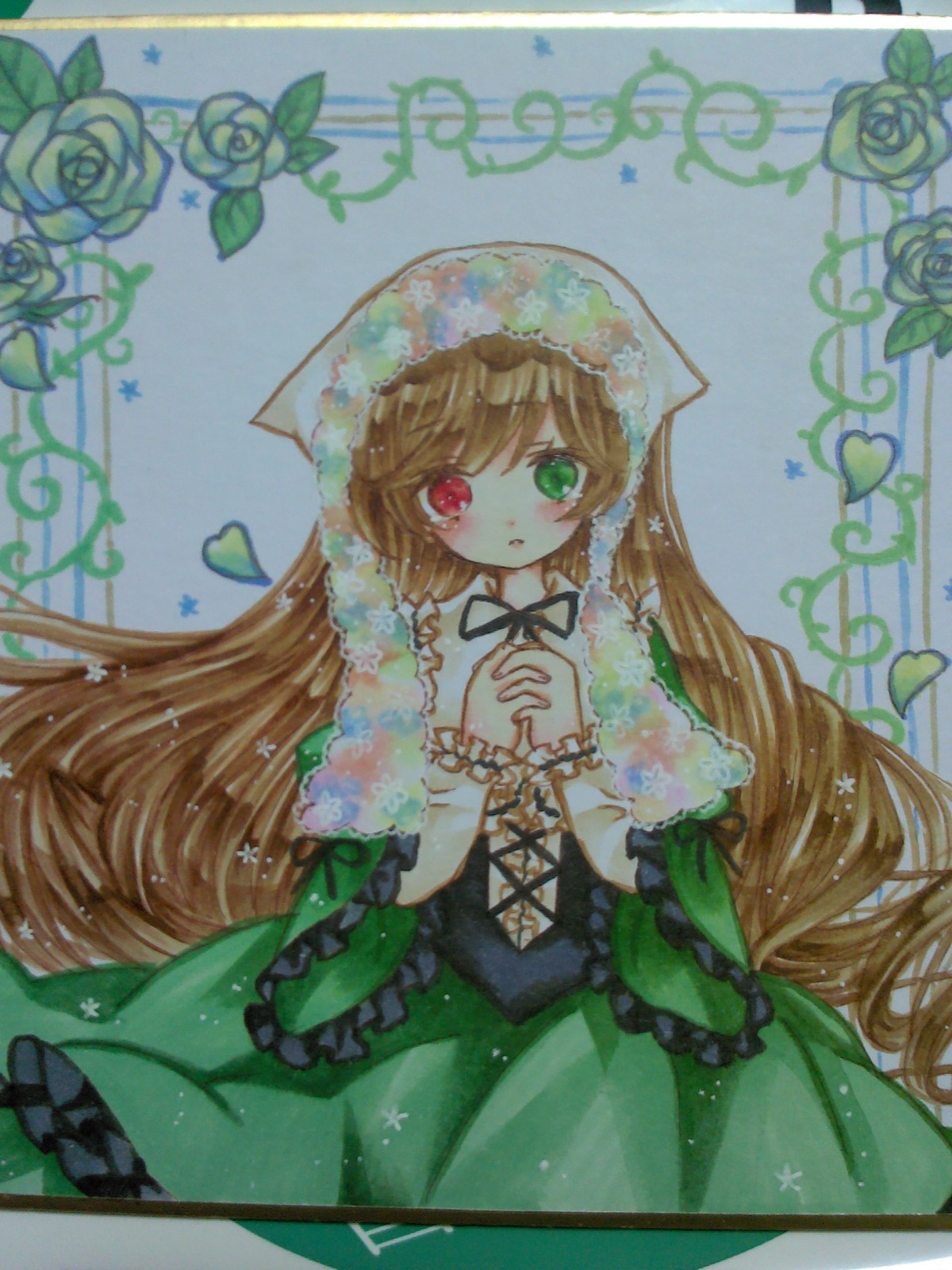 1girl auto_tagged brown_hair dress flower frills green_dress green_eyes heterochromia image long_hair looking_at_viewer marker_(medium) red_eyes rose solo suiseiseki traditional_media very_long_hair vines