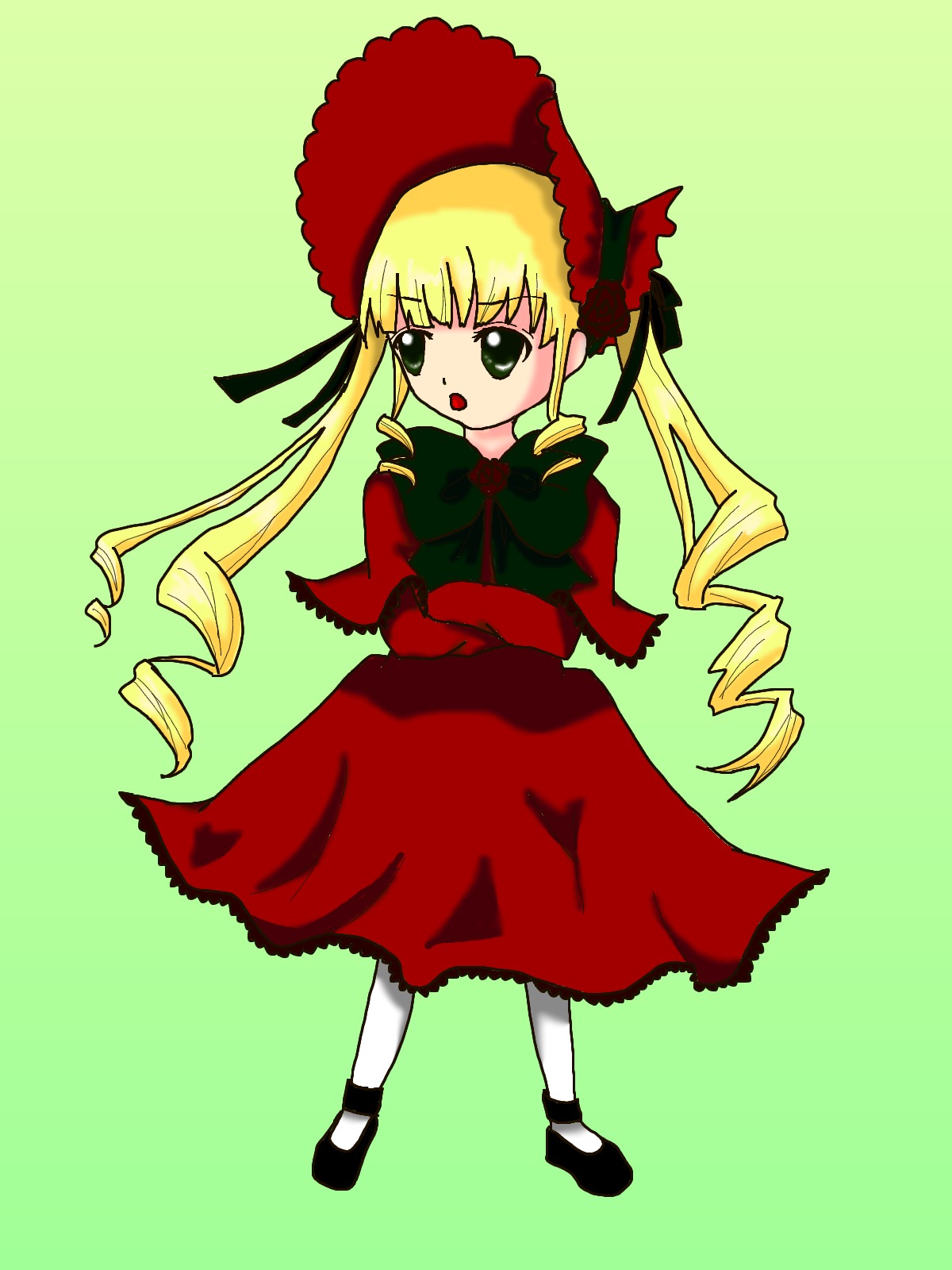 1girl blonde_hair bonnet bow bowtie dress drill_hair full_body green_background green_eyes image long_hair long_sleeves looking_at_viewer red_dress shinku shoes simple_background solo standing twin_drills twintails very_long_hair white_legwear