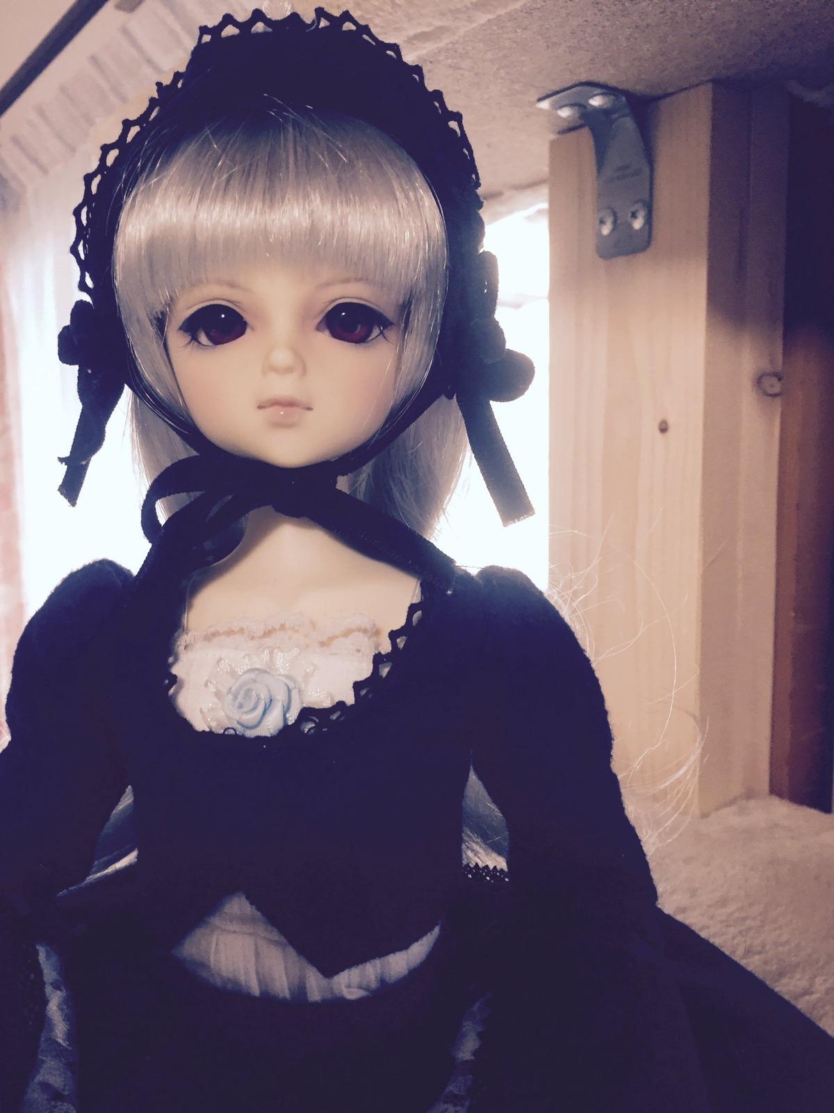 1girl bangs black_dress bonnet closed_mouth doll dress expressionless flower gothic_lolita juliet_sleeves lace lips lolita_fashion lolita_hairband long_sleeves looking_at_viewer photo rose solo suigintou upper_body