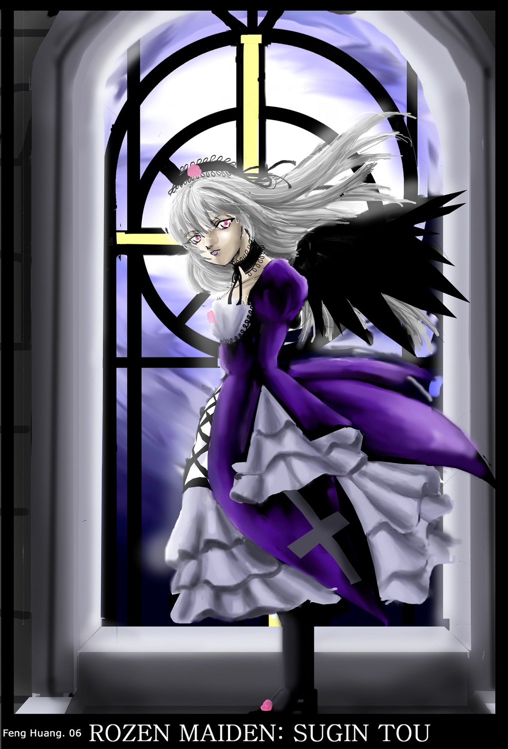 1girl black_wings choker dress flower frills hairband image long_hair long_sleeves looking_at_viewer puffy_sleeves silver_hair solo suigintou wings