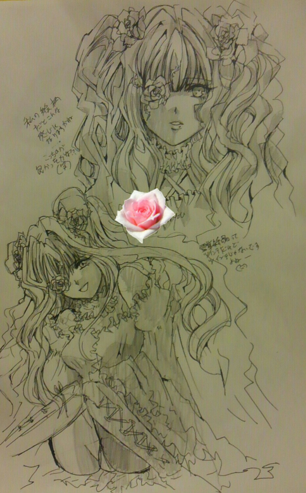 2girls dress flower hair_flower hair_ornament image kirakishou long_hair monochrome multiple_girls rose solo traditional_media