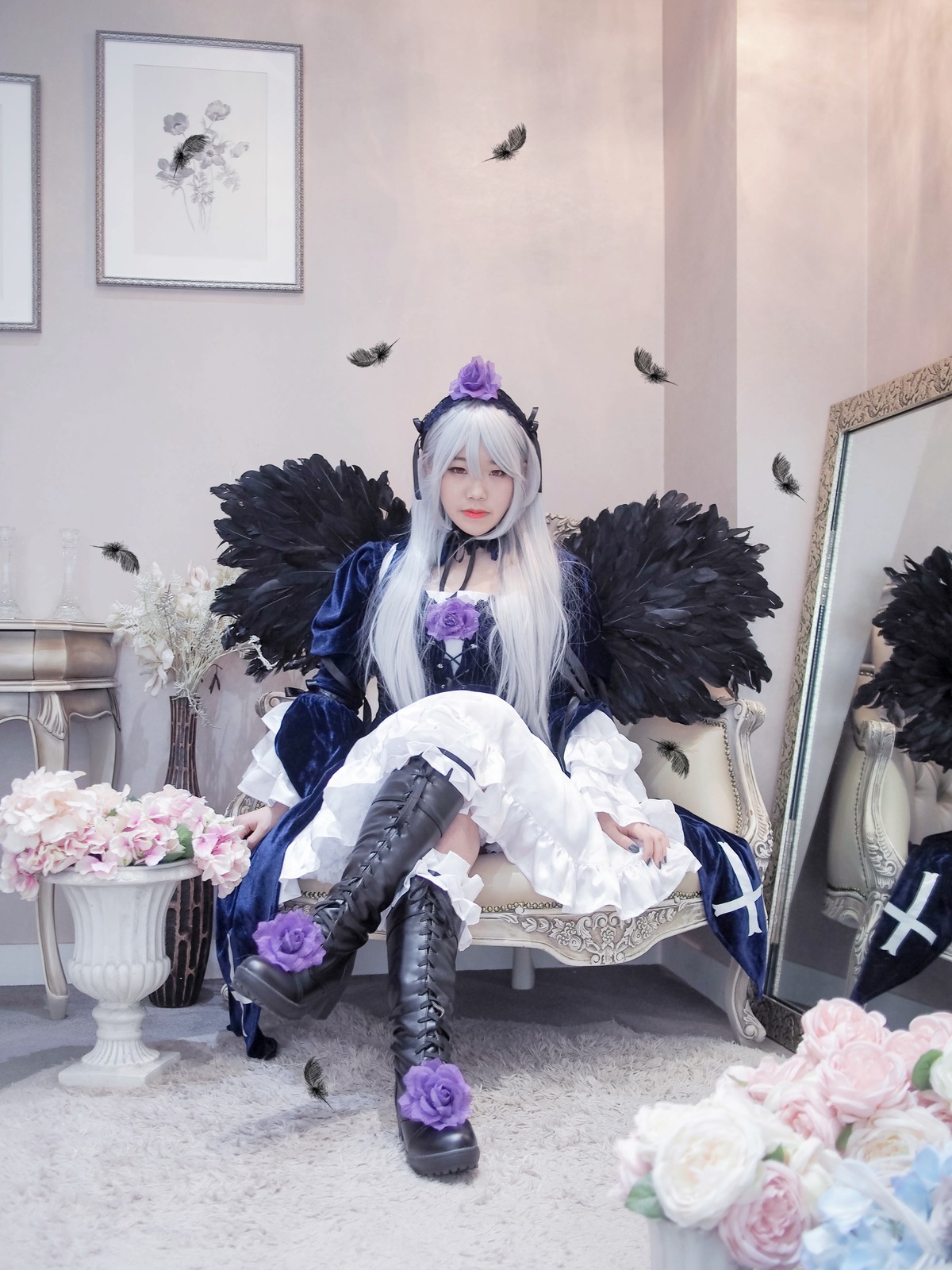 1girl bird boots choker dress feathers flower hairband long_hair rose silver_hair sitting solo suigintou