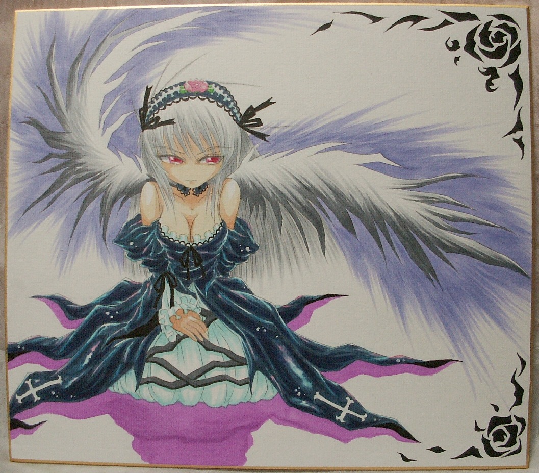 1girl bare_shoulders breasts cleavage dress feathers flower frills hairband image large_breasts long_hair long_sleeves looking_at_viewer marker_(medium) purple_rose red_eyes rose shikishi silver_hair solo suigintou traditional_media wings