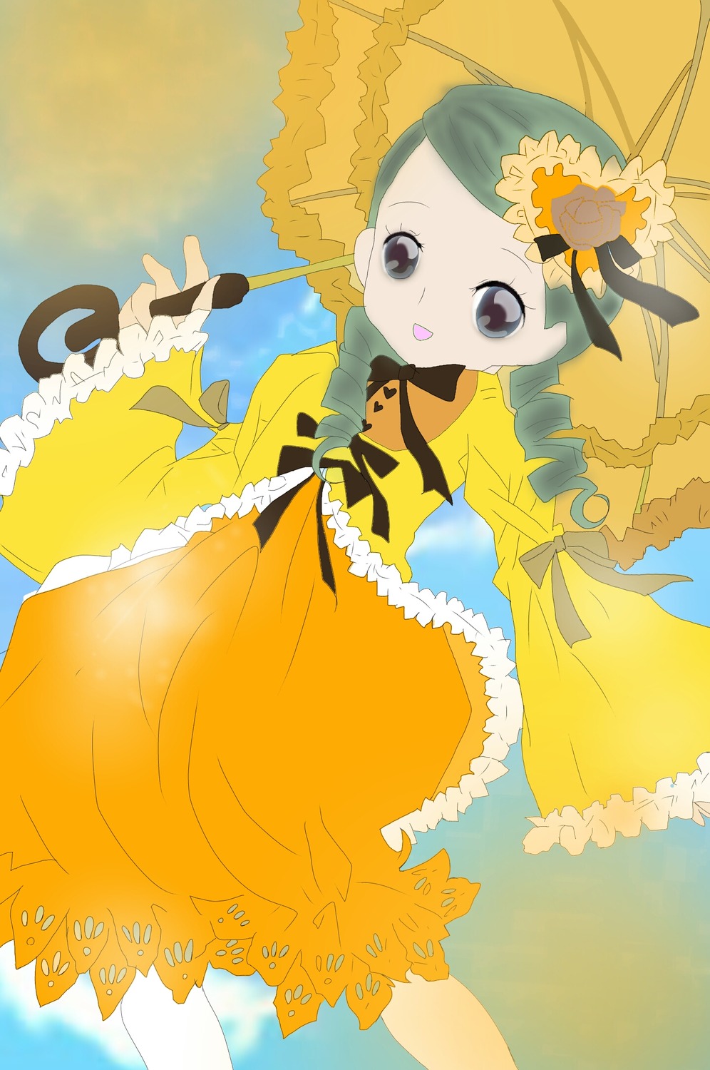 1girl black_eyes dress drill_hair flower frills green_hair holding_umbrella image kanaria long_sleeves open_mouth parasol ribbon rose solo twin_drills twintails umbrella yellow_dress