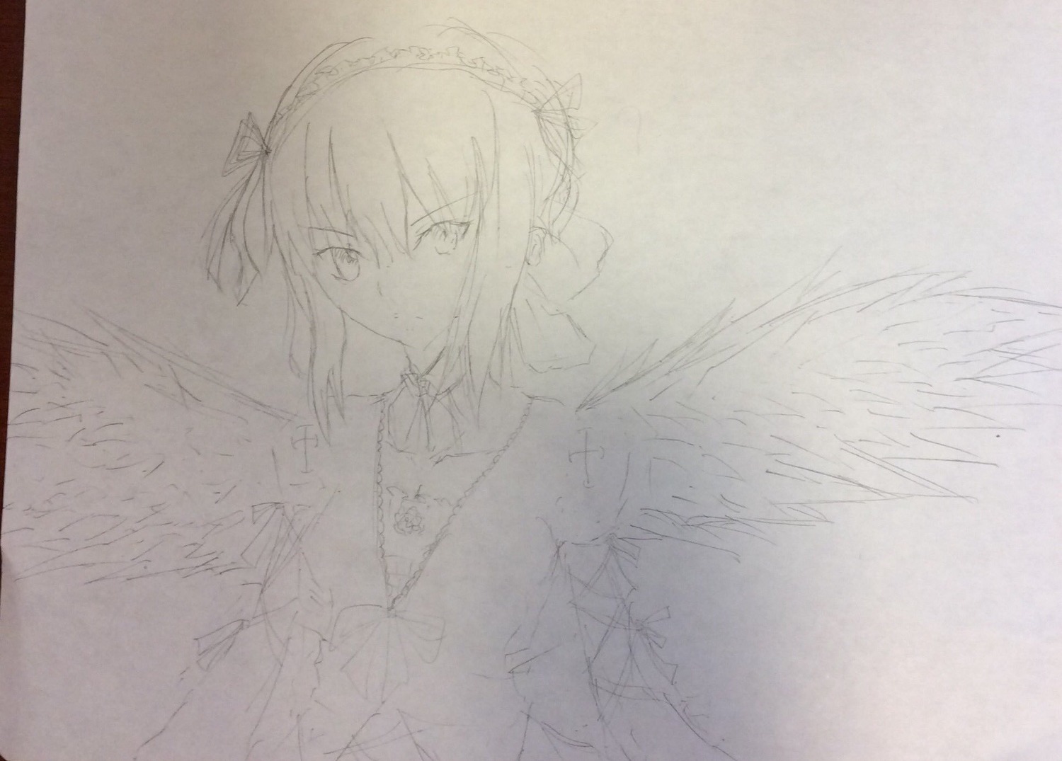 1girl closed_mouth feathered_wings feathers hairband image looking_at_viewer monochrome ribbon sketch solo suigintou upper_body wings