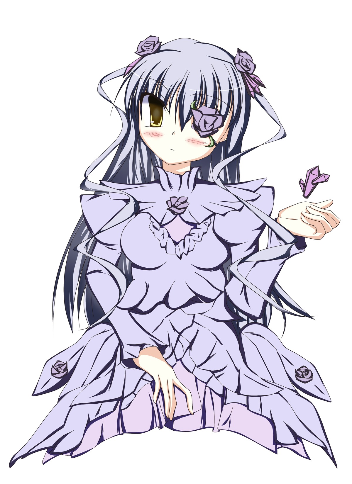 1girl barasuishou blush dress eyepatch flower hair_ornament image long_hair long_sleeves rose solo suigintou yellow_eyes