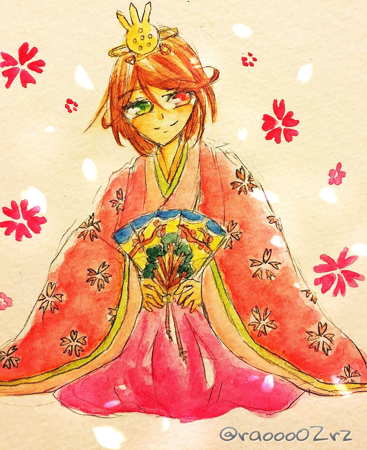 crown heterochromia image japanese_clothes kimono red_eyes sitting smile solo souseiseki traditional_media watercolor_(medium)