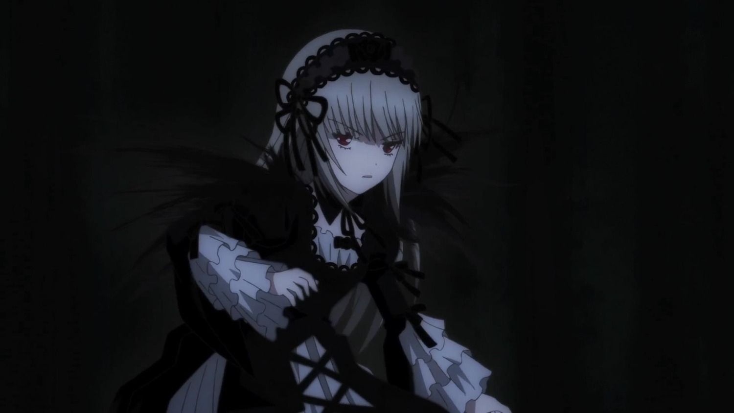 1girl black_ribbon closed_mouth dress frilled_sleeves frills hairband image long_hair long_sleeves looking_at_viewer red_eyes ribbon silver_hair solo suigintou wings