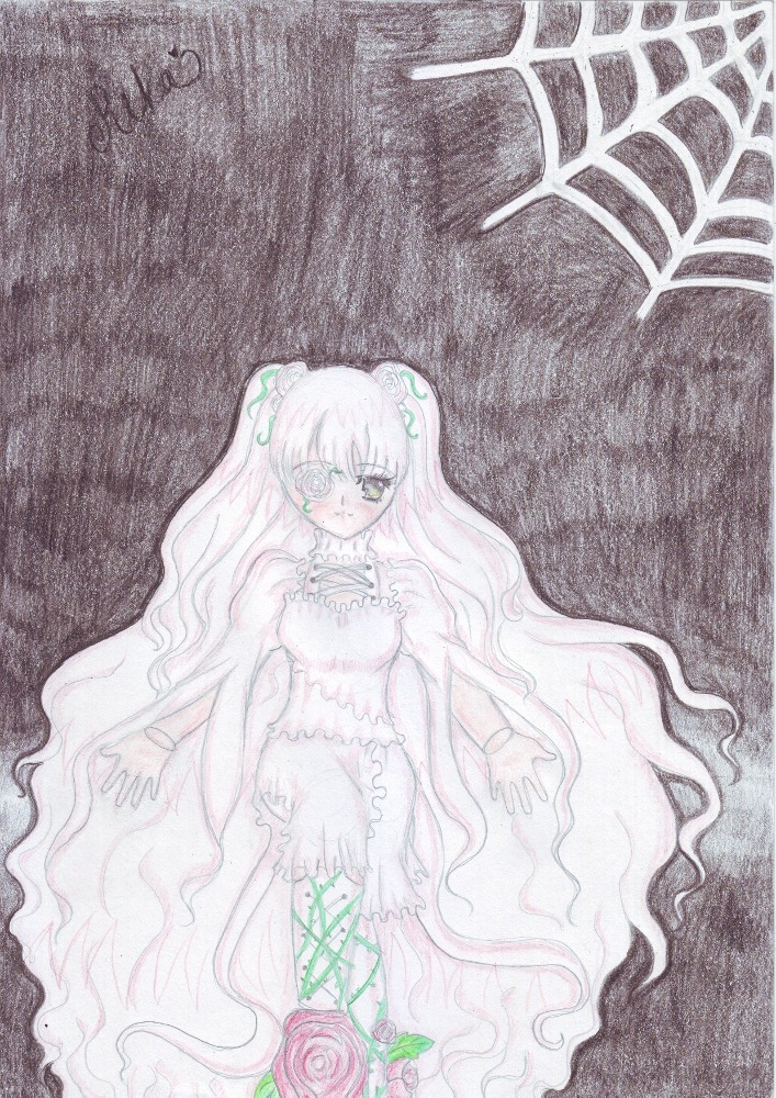 1girl dress flower frills image kirakishou long_hair rose solo thorns traditional_media very_long_hair vines watercolor_(medium) white_hair