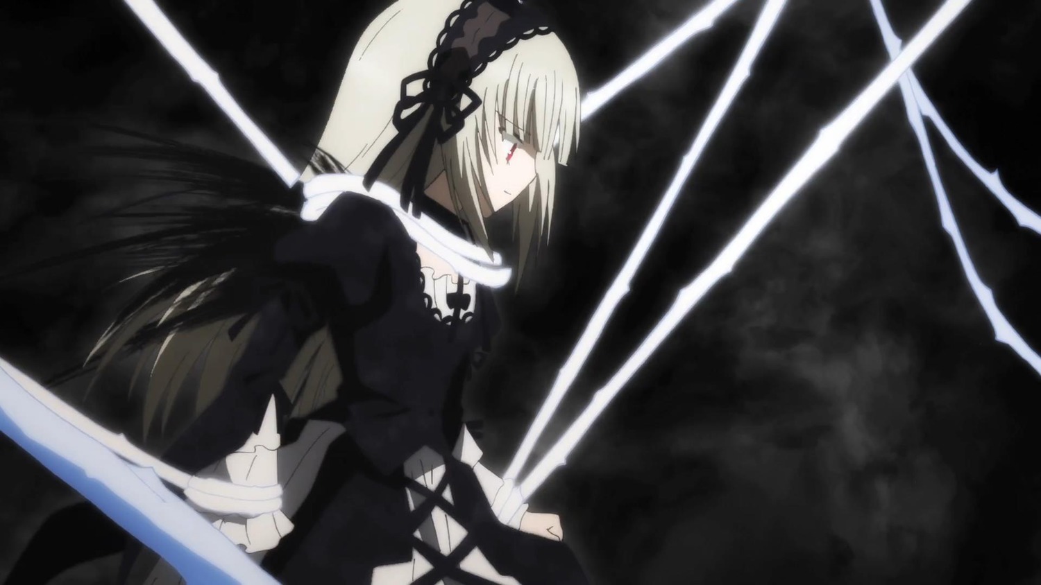1girl black_dress dress frills hairband holding holding_weapon image long_hair long_sleeves red_eyes solo suigintou sword very_long_hair weapon