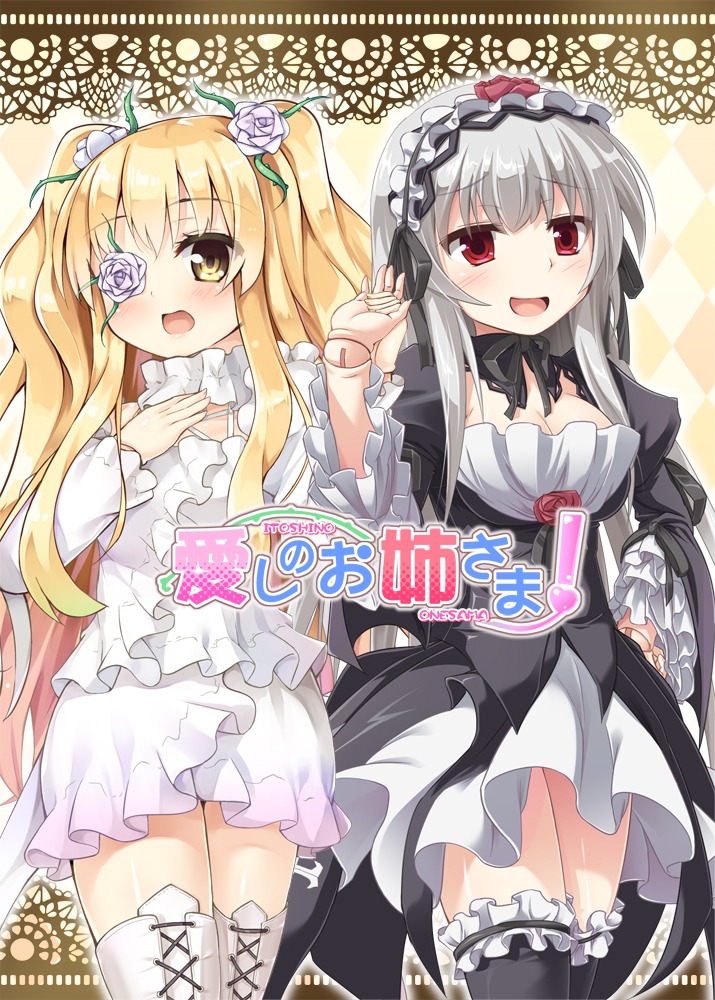 2girls :d blonde_hair blush boots breasts cover cover_page cross-laced_footwear dress eyepatch flower frills gothic_lolita hairband image kirakishou lolita_fashion lolita_hairband long_hair long_sleeves multiple_girls open_mouth pair red_eyes rose silver_hair smile suigintou thigh_boots thighhighs twintails two_side_up white_dress white_rose yellow_eyes zettai_ryouiki