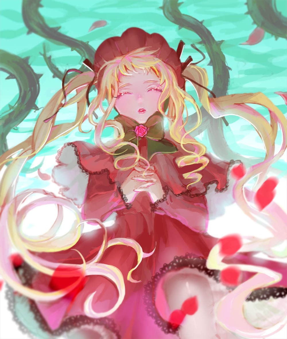 1girl blonde_hair blurry bonnet capelet closed_eyes depth_of_field dress flower image long_hair long_sleeves own_hands_together petals red_capelet red_dress ribbon rose shinku solo twintails very_long_hair