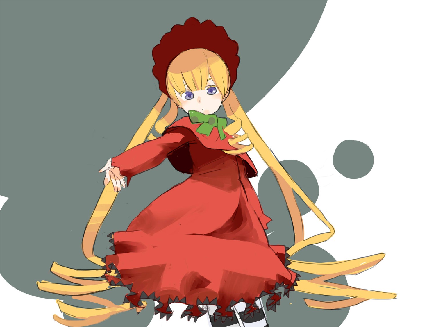 1girl blonde_hair blue_eyes bonnet bow bowtie cowboy_shot dress green_bow image long_hair long_sleeves looking_at_viewer red_dress shinku simple_background solo standing twintails very_long_hair
