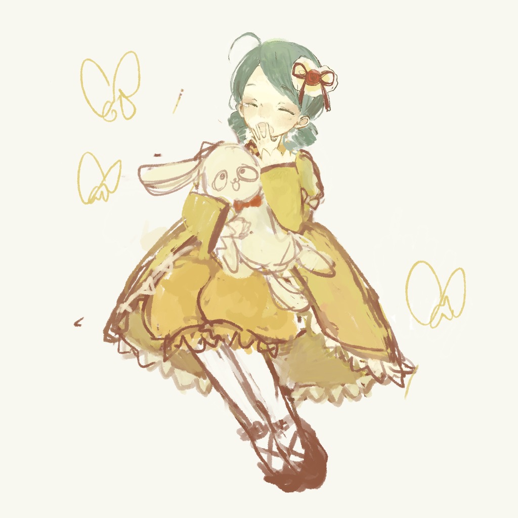 1girl beamed_eighth_notes bug butterfly closed_eyes dress eighth_note flower full_body hair_flower hair_ornament image insect kanaria musical_note pantyhose short_hair solo striped striped_background vertical_stripes yellow_dress