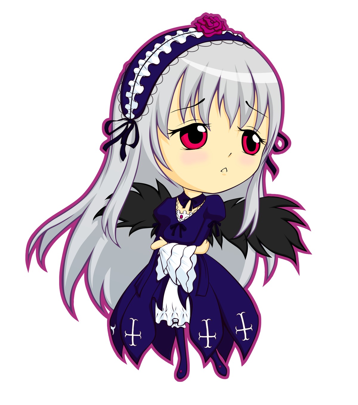 1girl black_wings chibi choker dress flower frills full_body hairband image long_hair rose silver_hair simple_background solo suigintou white_background wings