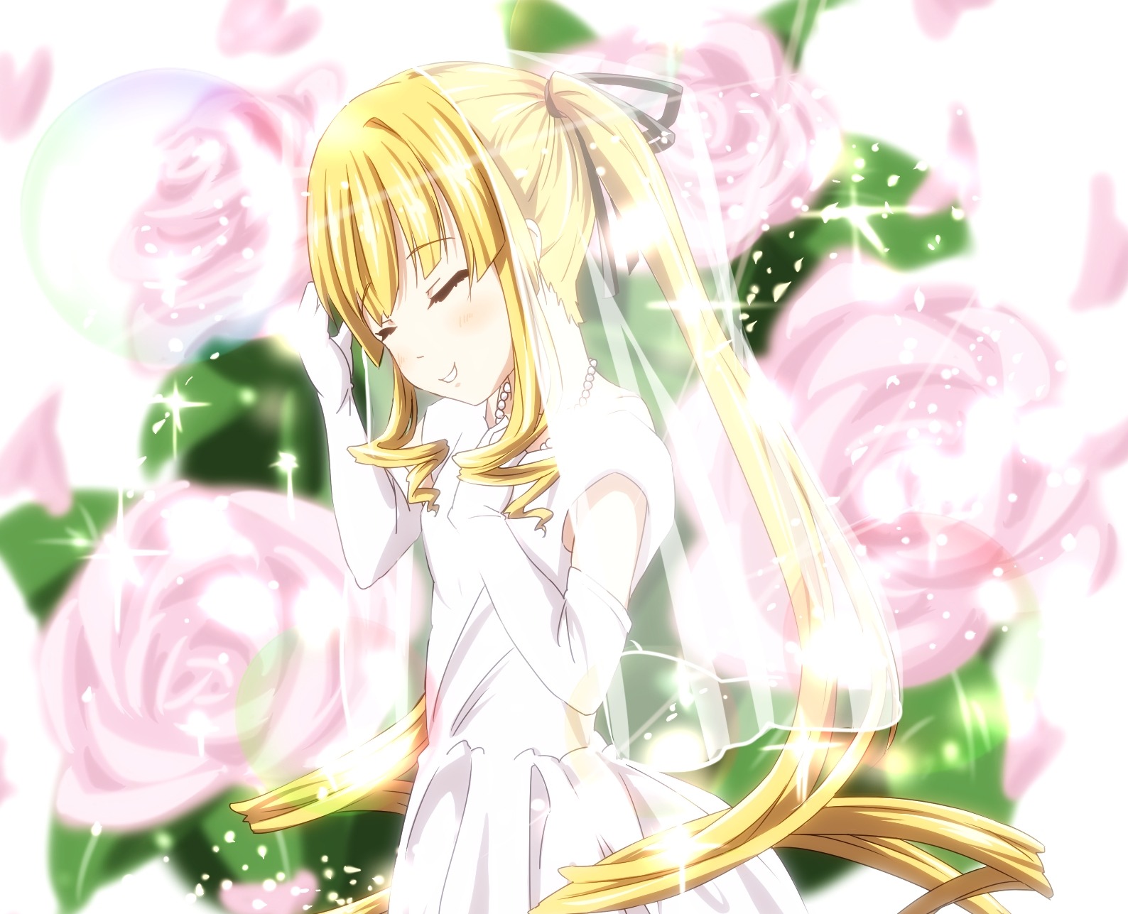 1girl blonde_hair blurry blurry_background blurry_foreground blush closed_eyes depth_of_field dress eyebrows_visible_through_hair flower hair_ribbon image long_hair ribbon shinku smile solo striped twintails very_long_hair white_dress