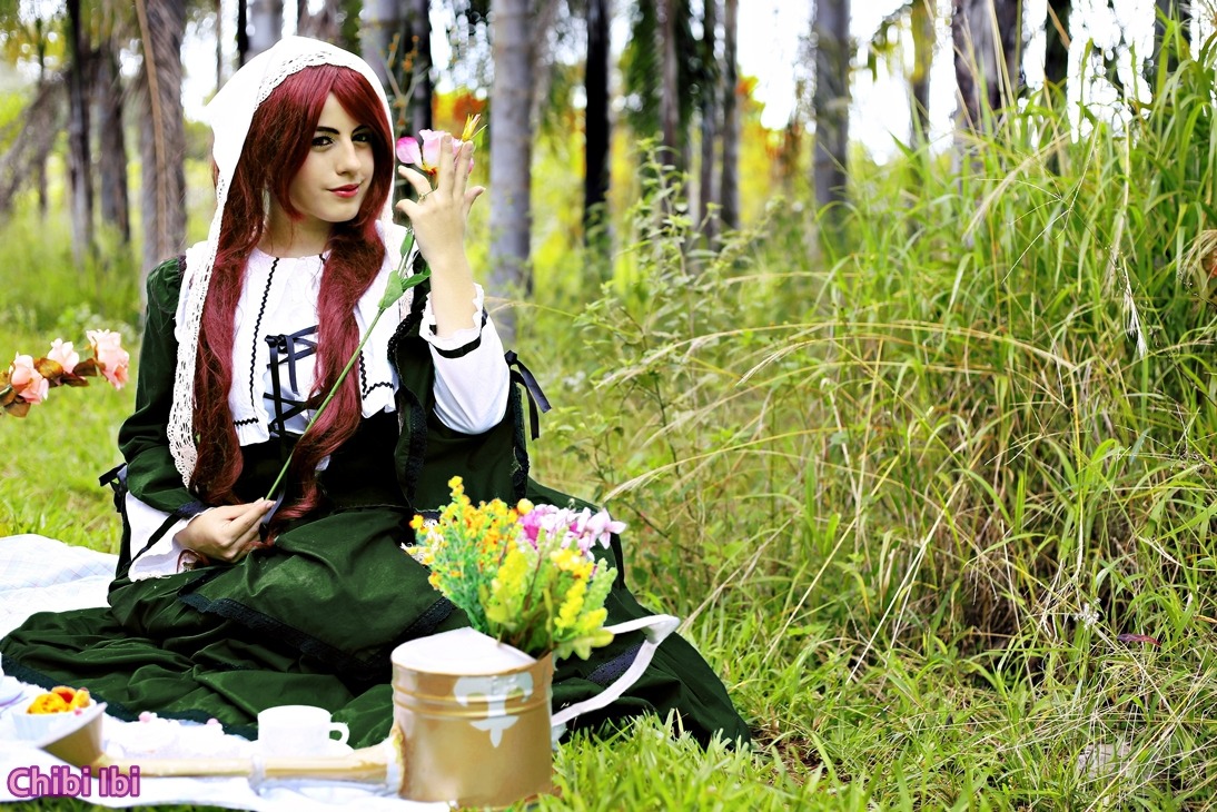 1girl apron braid dress flower grass head_scarf lips long_hair nature outdoors red_hair sitting smile solo suiseiseki watermark