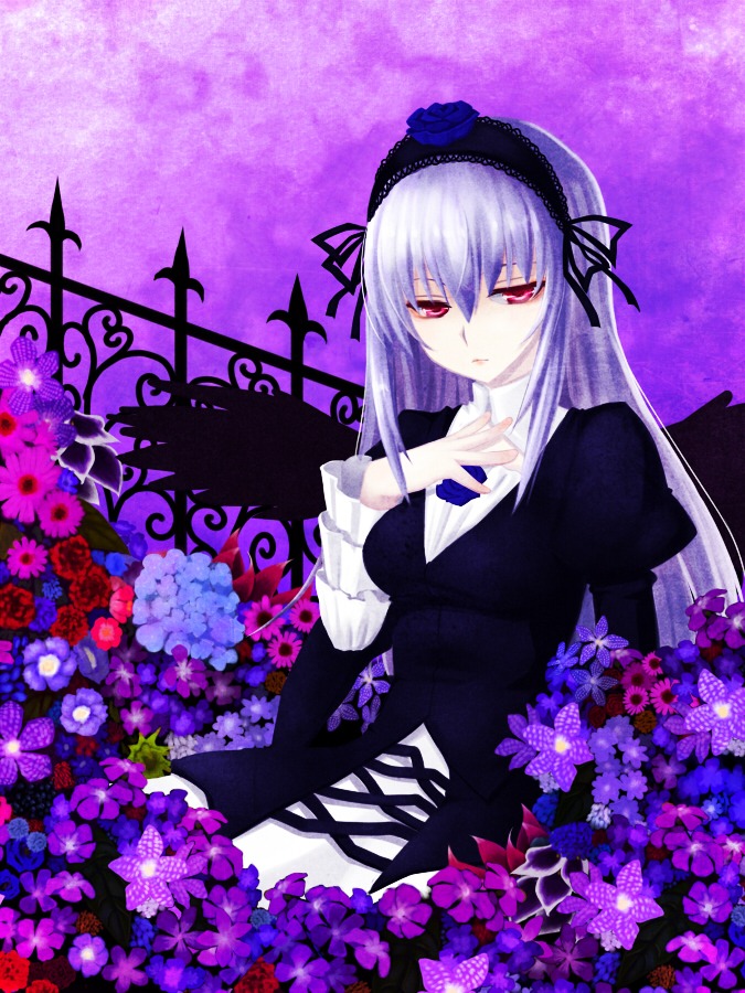 1girl black_wings commentary_request dress flower hairband hydrangea image kou_(garakuta_teikoku) long_hair long_sleeves looking_at_viewer purple_flower purple_rose red_eyes rose rozen_maiden silver_hair solo suigintou wings