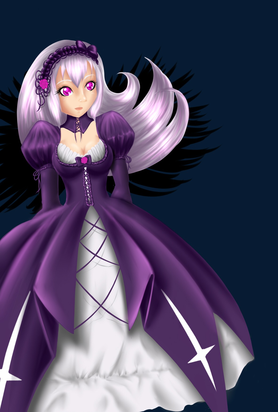 1girl breasts cleavage dress frills hairband image juliet_sleeves long_hair long_sleeves looking_at_viewer pink_eyes puffy_sleeves purple_eyes silver_hair solo suigintou wings