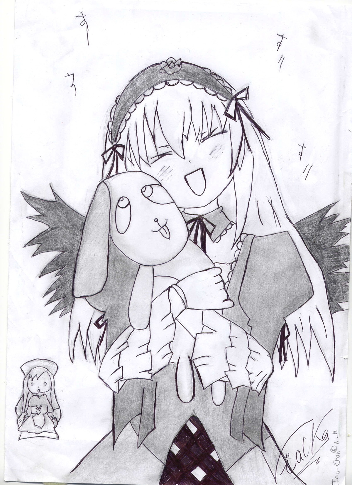 blush closed_eyes dress frills greyscale hairband hat image lolita_hairband long_hair long_sleeves monochrome multiple_girls open_mouth ribbon signature smile solo stuffed_animal suigintou traditional_media very_long_hair wings