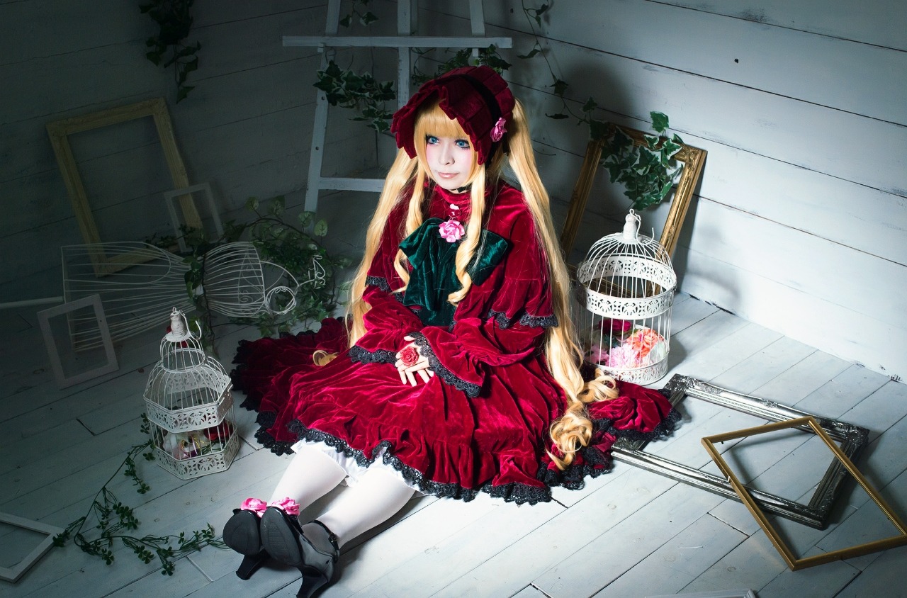 1girl blonde_hair blue_eyes bonnet cage dress flower long_hair red_dress shinku sitting solo twintails