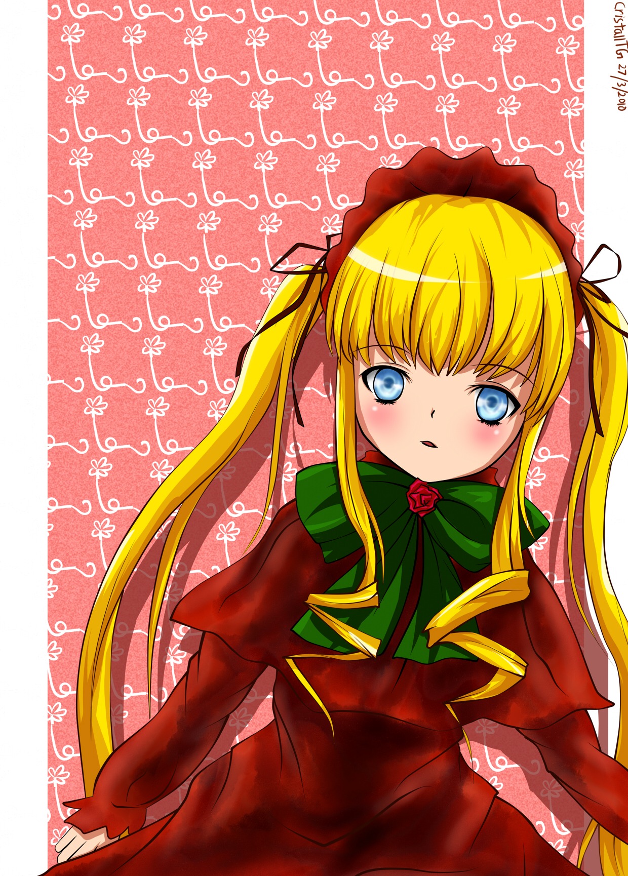 1girl auto_tagged blonde_hair blue_eyes blush bonnet bow bowtie cowboy_shot dress flower green_bow green_neckwear image long_hair long_sleeves looking_at_viewer red_dress rose shinku sidelocks simple_background solo twintails very_long_hair