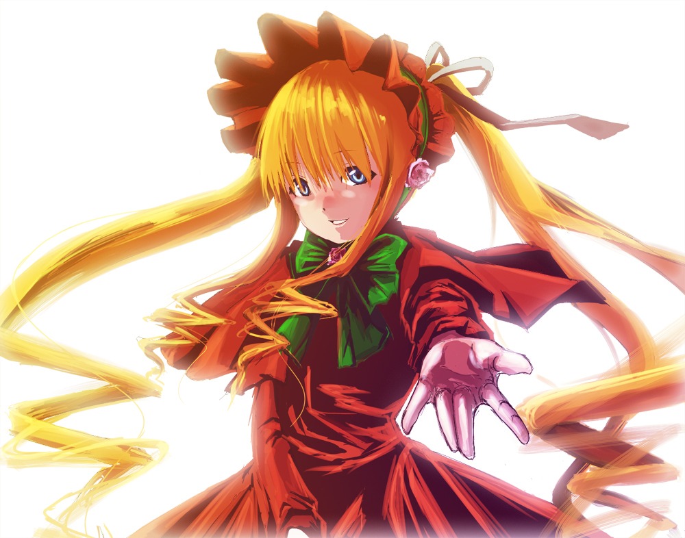 1girl blonde_hair blue_eyes bow bowtie dress flower green_bow green_neckwear image long_hair long_sleeves looking_at_viewer outstretched_arm outstretched_hand red_dress rose shinku simple_background solo striped twintails white_background