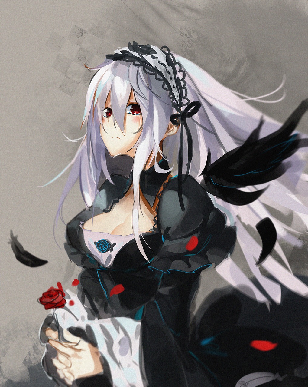 1girl black_dress black_wings blush breasts cleavage closed_mouth commentary_request dress feathered_wings feathers flower frown gothic_lolita hair_between_eyes hairband highres image juliet_sleeves lolita_fashion lolita_hairband long_hair long_sleeves looking_at_viewer medium_breasts orokanahime petals photoshop_(medium) red_eyes red_flower red_rose rose rose_petals rozen_maiden silver_hair simple_background solo suigintou tears traditional_media wings