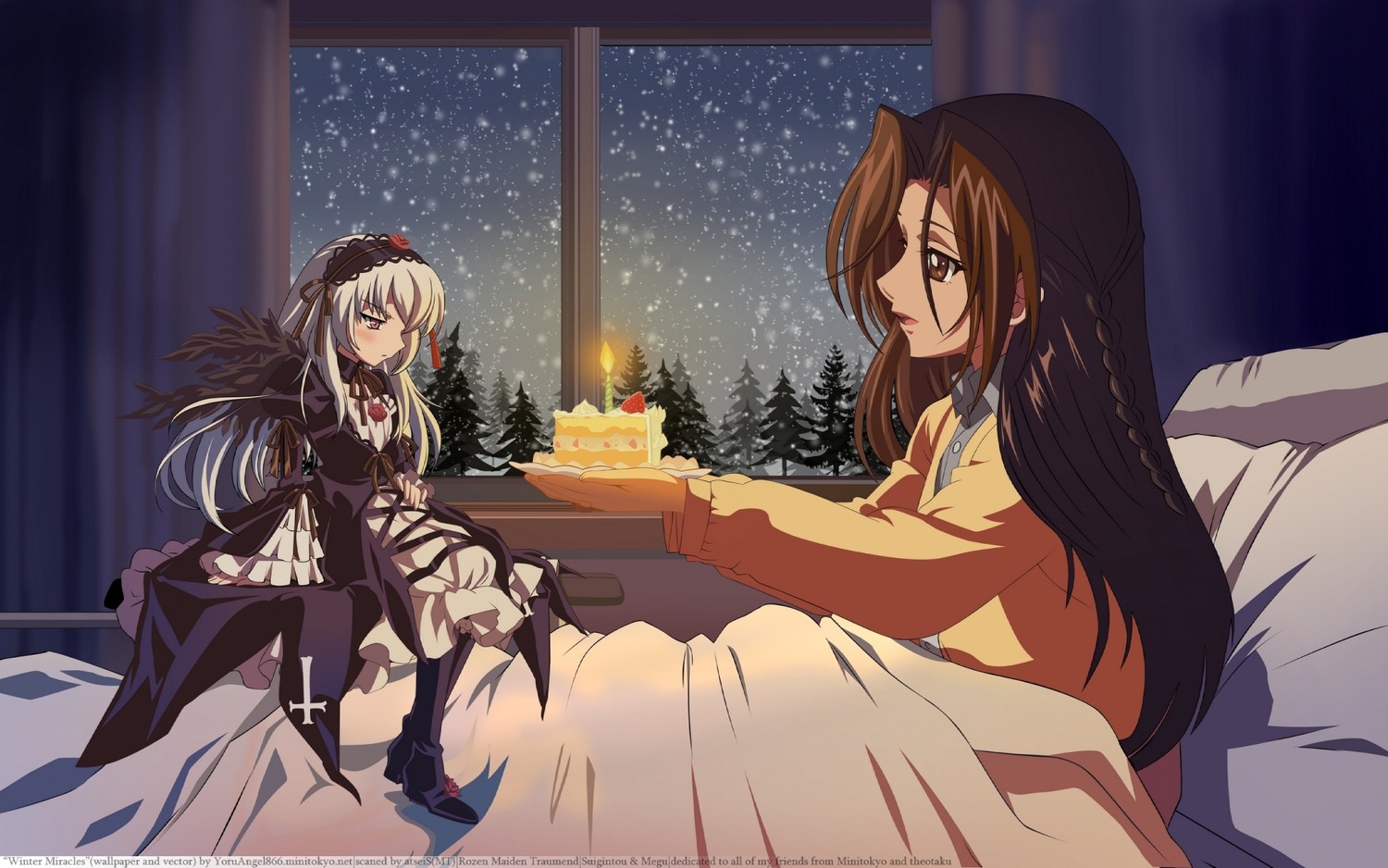 bed brown_eyes brown_hair candle dress food image kakizaki_megu long_hair multiple_girls night night_sky silver_hair sitting sky solo star_(sky) starry_sky suigintou window wings