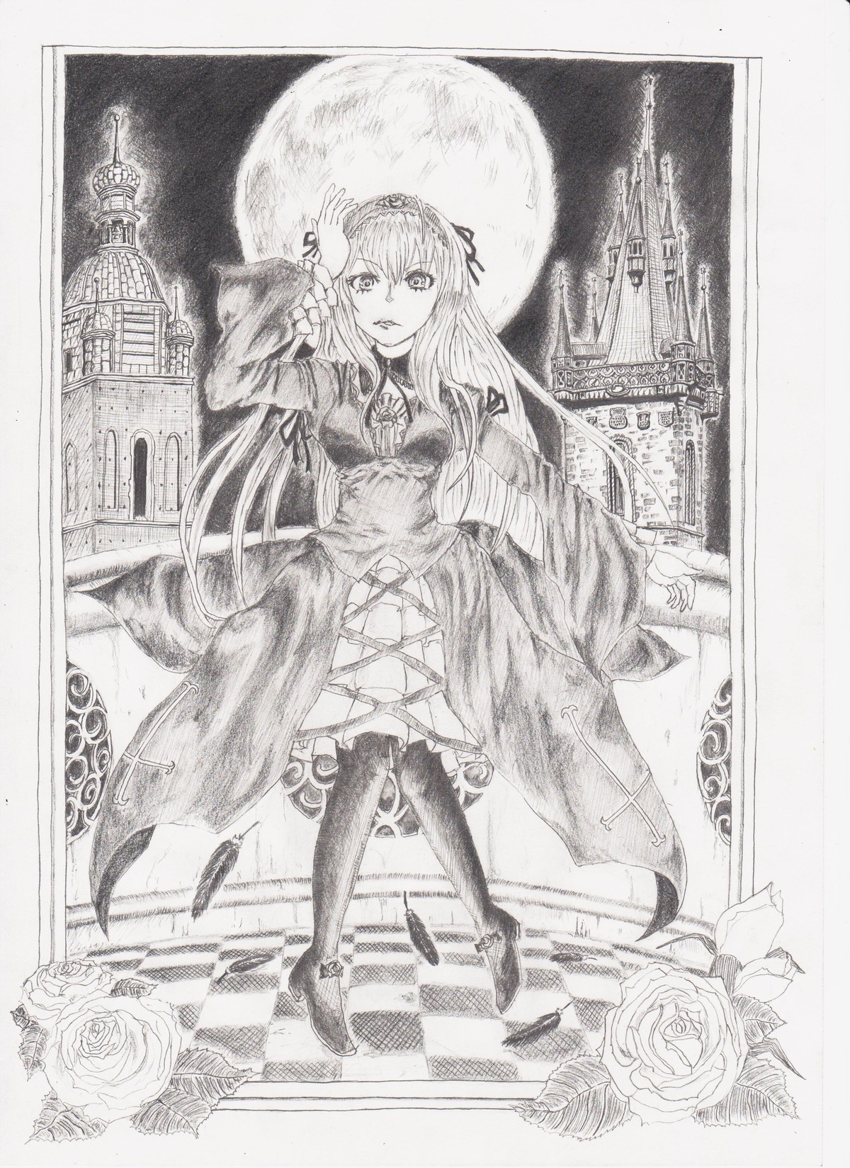 1girl dress flower full_moon graphite_(medium) greyscale hair_ornament image long_hair long_sleeves looking_at_viewer monochrome moon rose solo suigintou thighhighs traditional_media