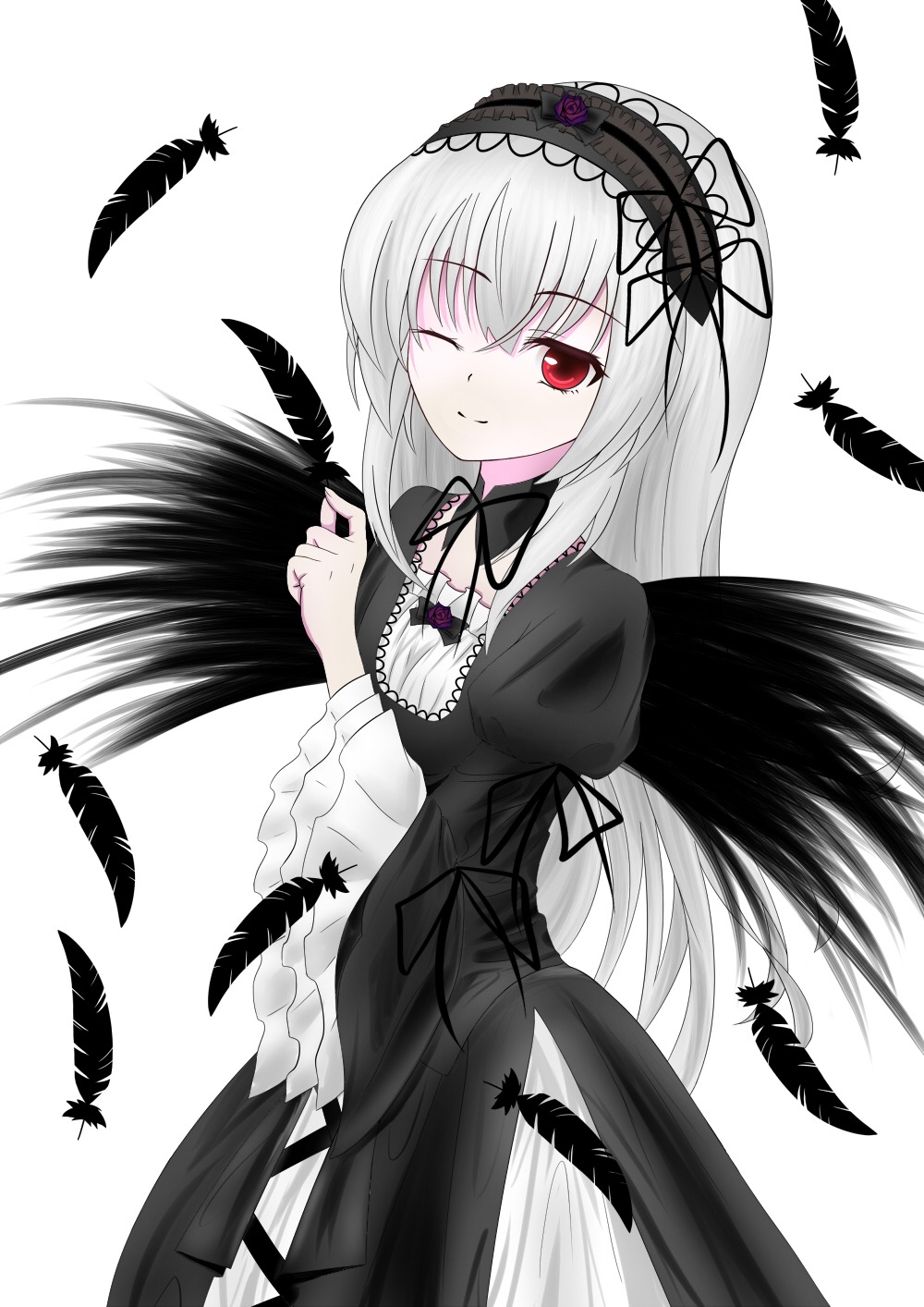 1girl bird black_dress black_feathers black_wings dress feathers frills hairband image long_hair long_sleeves looking_at_viewer one_eye_closed puffy_sleeves red_eyes silver_hair simple_background smile solo suigintou white_background wings