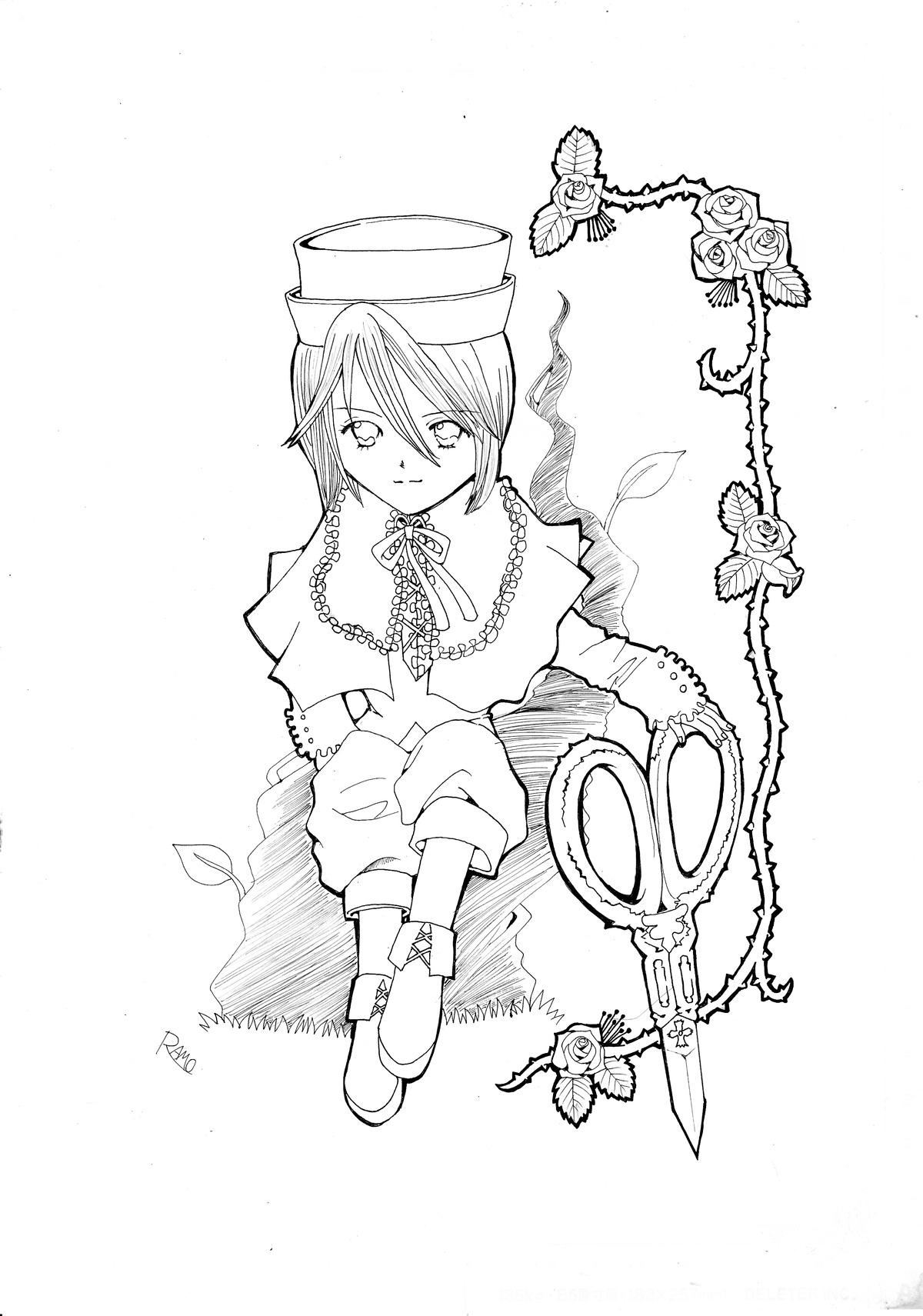 boots bug butterfly full_body greyscale hair_between_eyes hat image insect long_sleeves looking_at_viewer monochrome sitting solo souseiseki