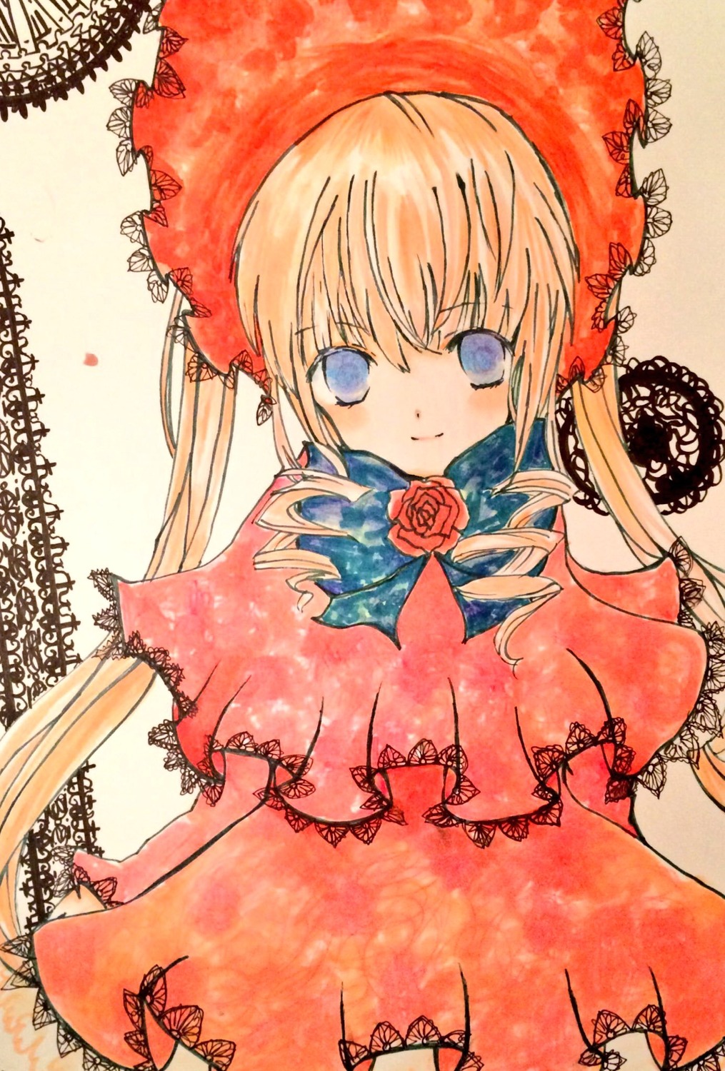 1girl blonde_hair blue_eyes bow dress drill_hair flower image long_hair looking_at_viewer marker_(medium) red_flower red_rose rose shinku signature smile solo traditional_media