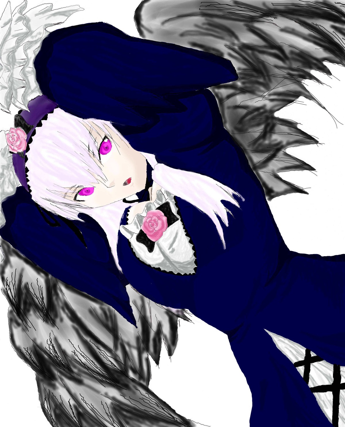 1girl arms_up black_dress black_wings dress flower frills hairband image lolita_hairband long_hair long_sleeves looking_at_viewer open_mouth pink_eyes rose silver_hair simple_background solo suigintou wings