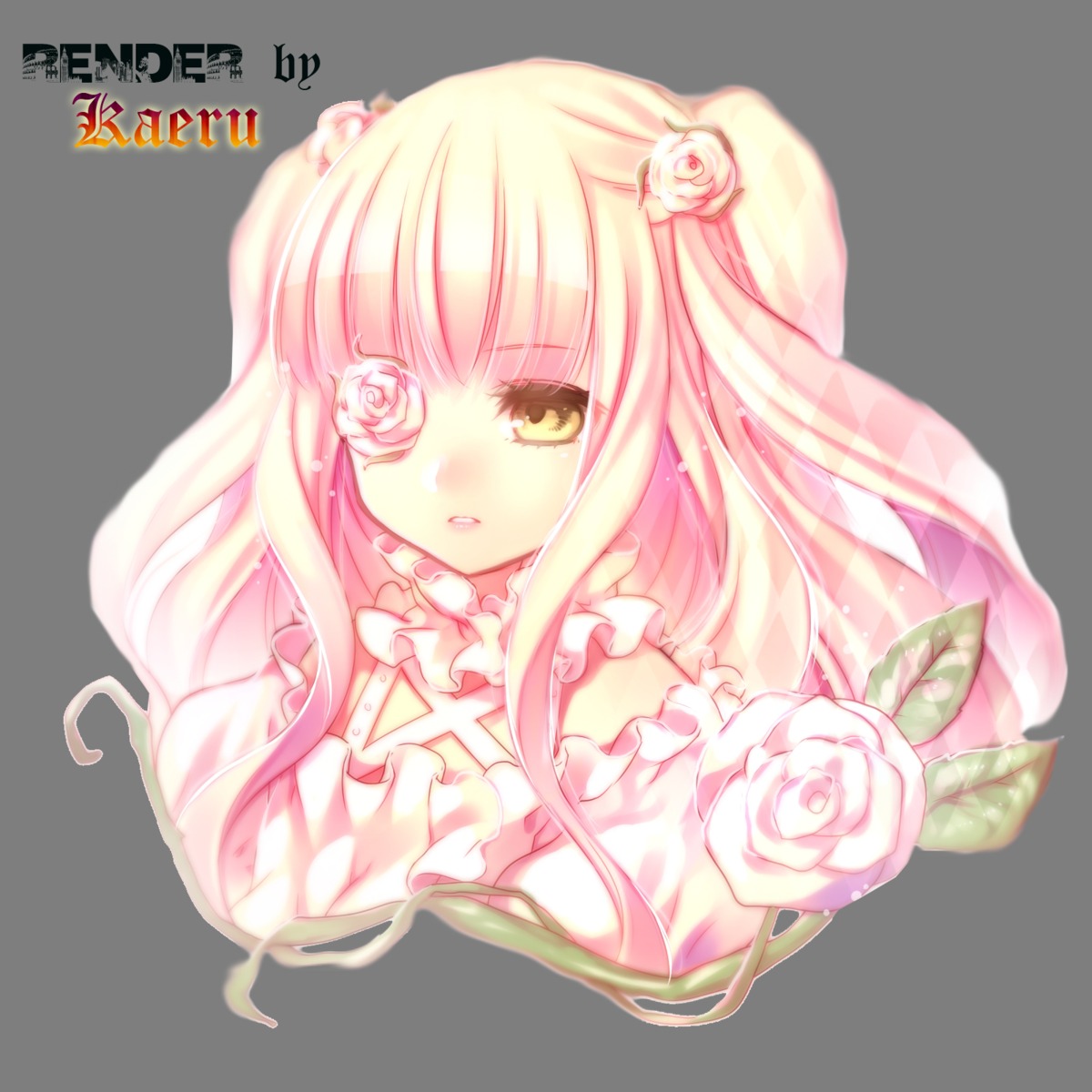 1girl blonde_hair eyepatch flower hair_flower hair_ornament image kirakishou long_hair pink_flower pink_hair pink_rose rose solo thorns transparent_background two_side_up upper_body vines white_flower white_rose yellow_eyes