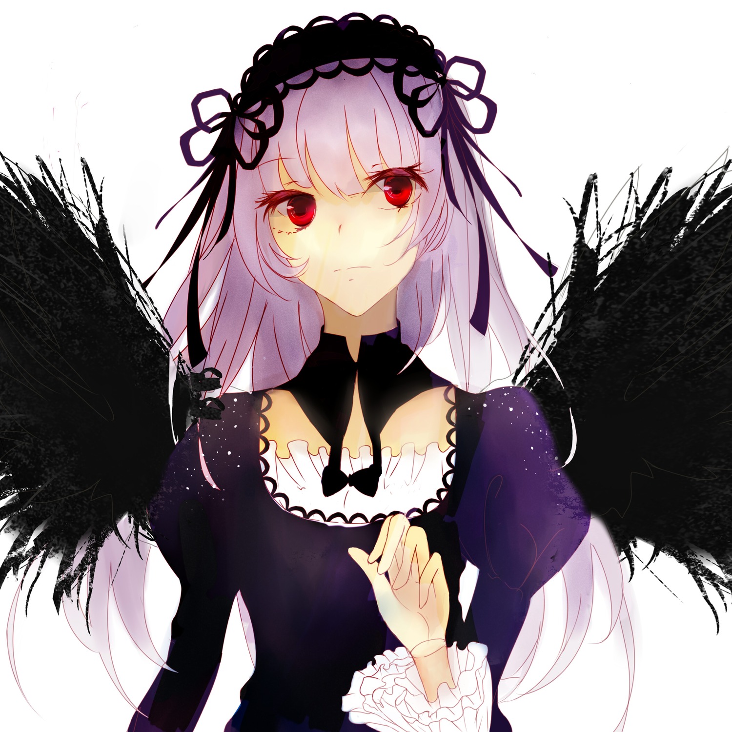 1girl black_dress black_wings detached_collar dress feathered_wings feathers frills hairband image joints lolita_fashion lolita_hairband long_hair long_sleeves looking_at_viewer puffy_sleeves red_eyes ribbon silver_hair solo suigintou upper_body white_background wings